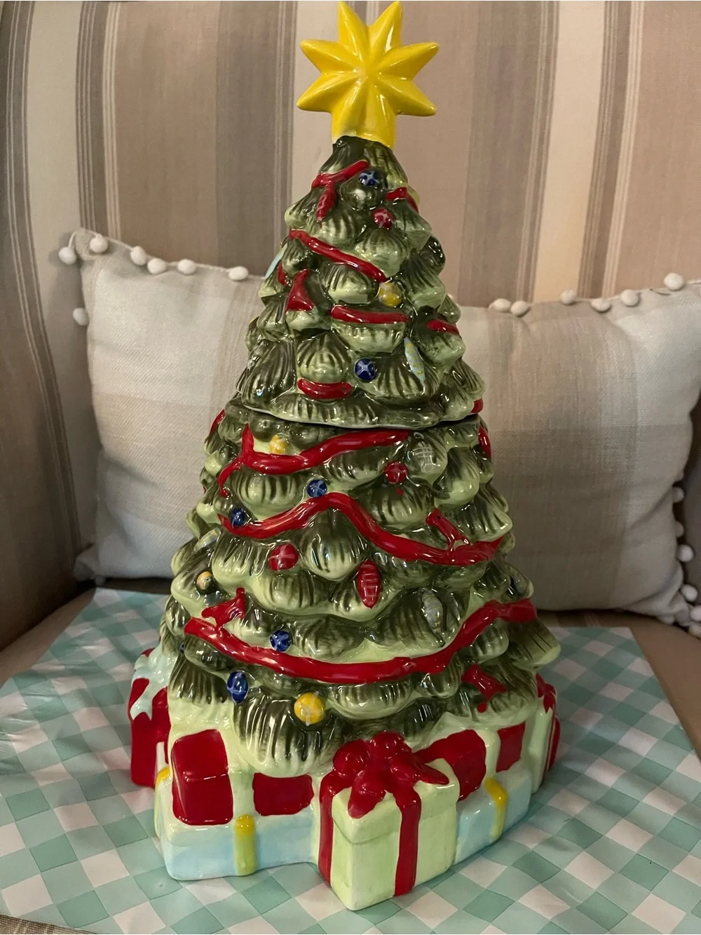 Decorative Ceramic Christmas Tree with Yellow Star - Green/Red Holiday Accent
